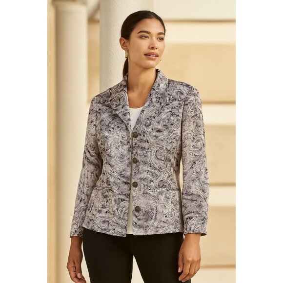 Chico's Parmenia Jacket Purple Pretty Print Silk Beaded Appliques Size 2 Large - Picture 3 of 16